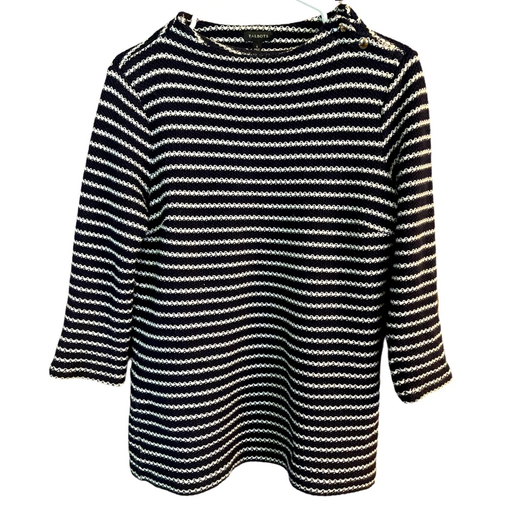 Talbots Navy White Breton Stripe Gold Buttons Pull Over 3/4 Sleeve Knit Sweater